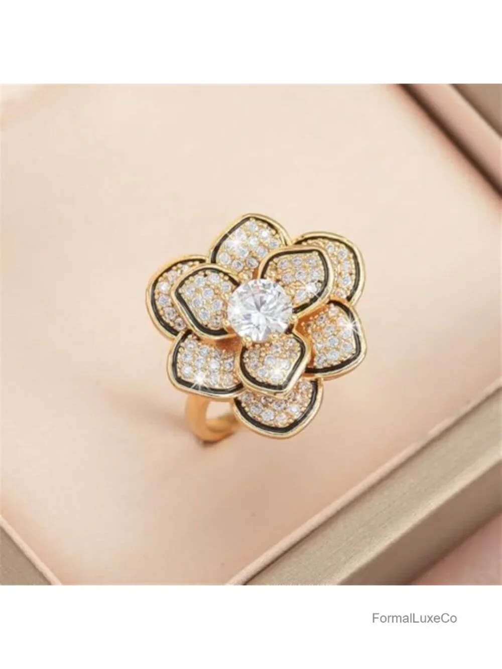 Floral Camellia Statement Ring Double Layers Cubic Zirconia Rhinestone Dainty
